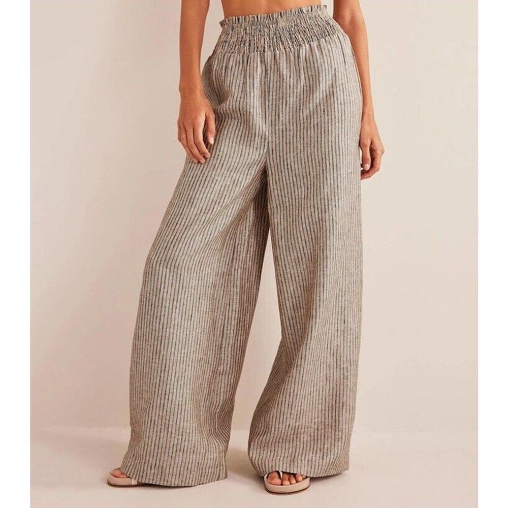 Boden Linen Shirred Waist Trousers Wide Leg Women 6R Camel Black Stripe Pull On
